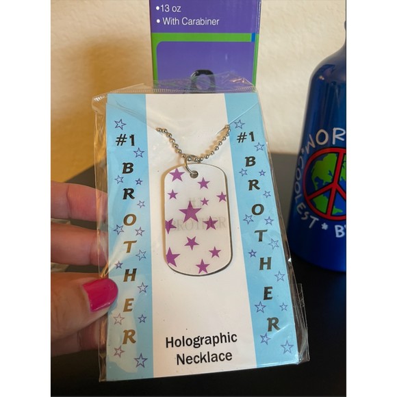 NEW-Brother Set-Water Bottle and Holographic Dog Tag Necklace #1 Brother - Picture 5 of 8